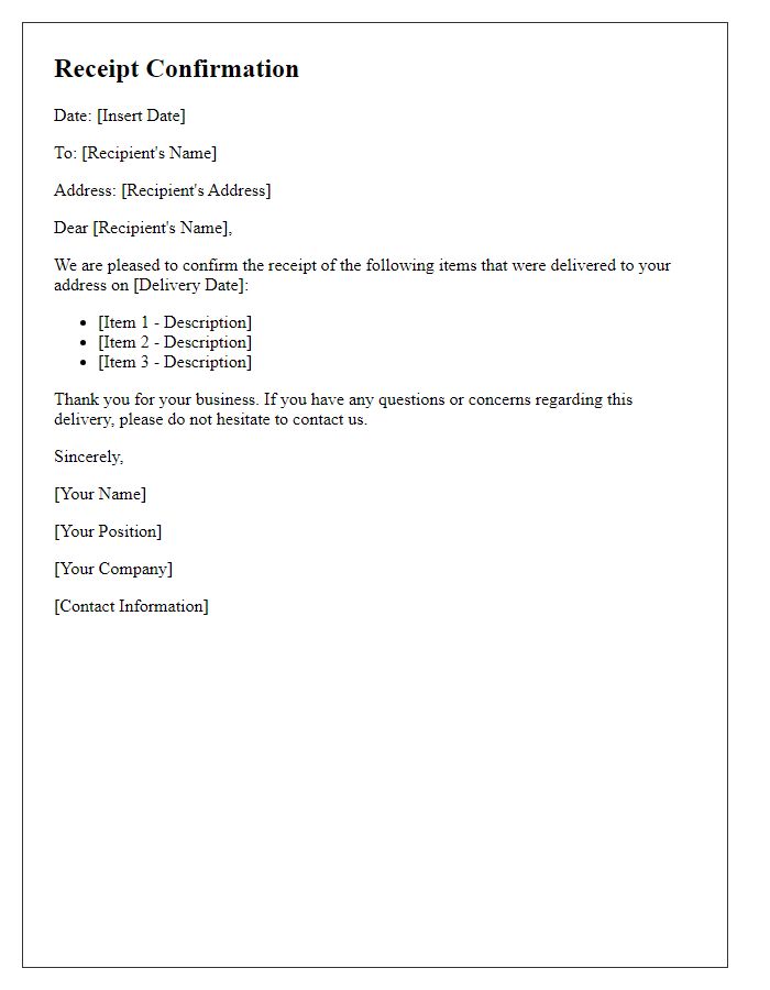 Letter template of receipt confirmation for delivered items