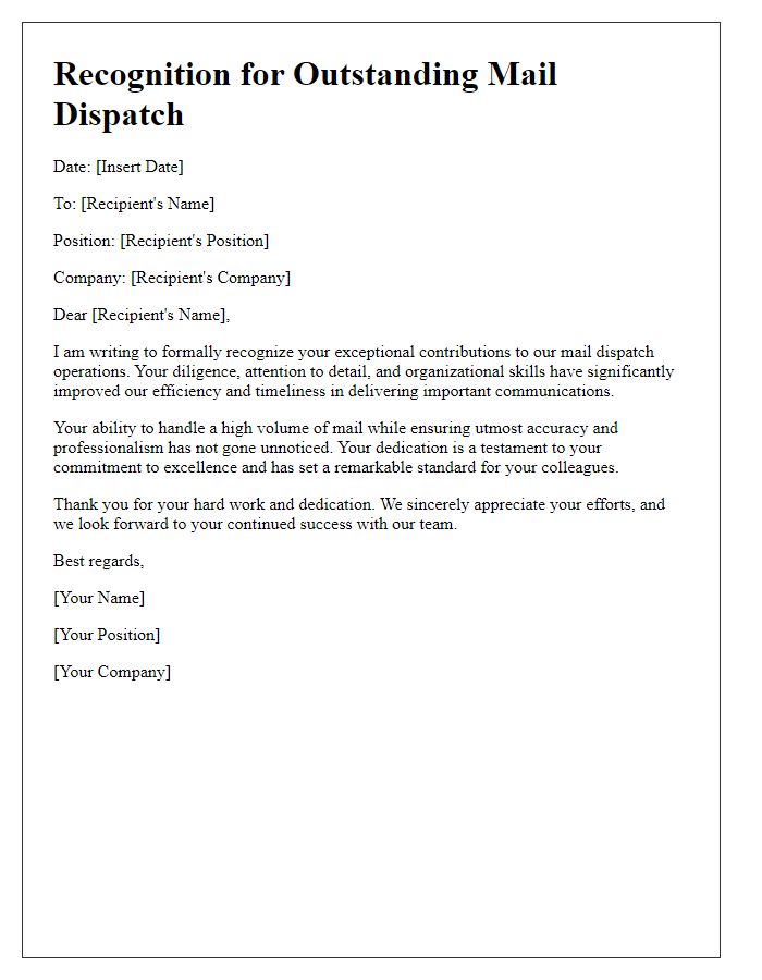 Letter template of recognition for mail dispatch