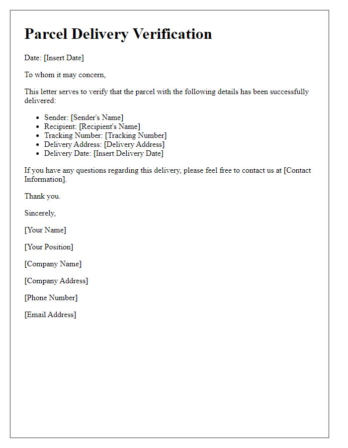 Letter template of verification for parcel delivery