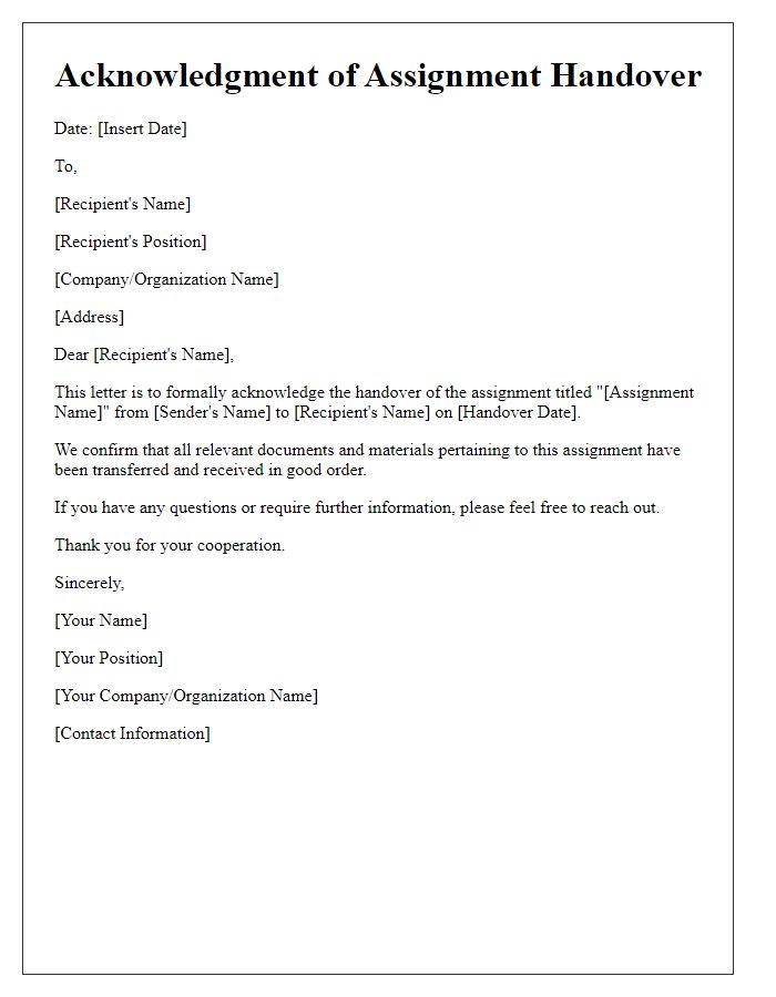 Letter template of acknowledgment of assignment handover