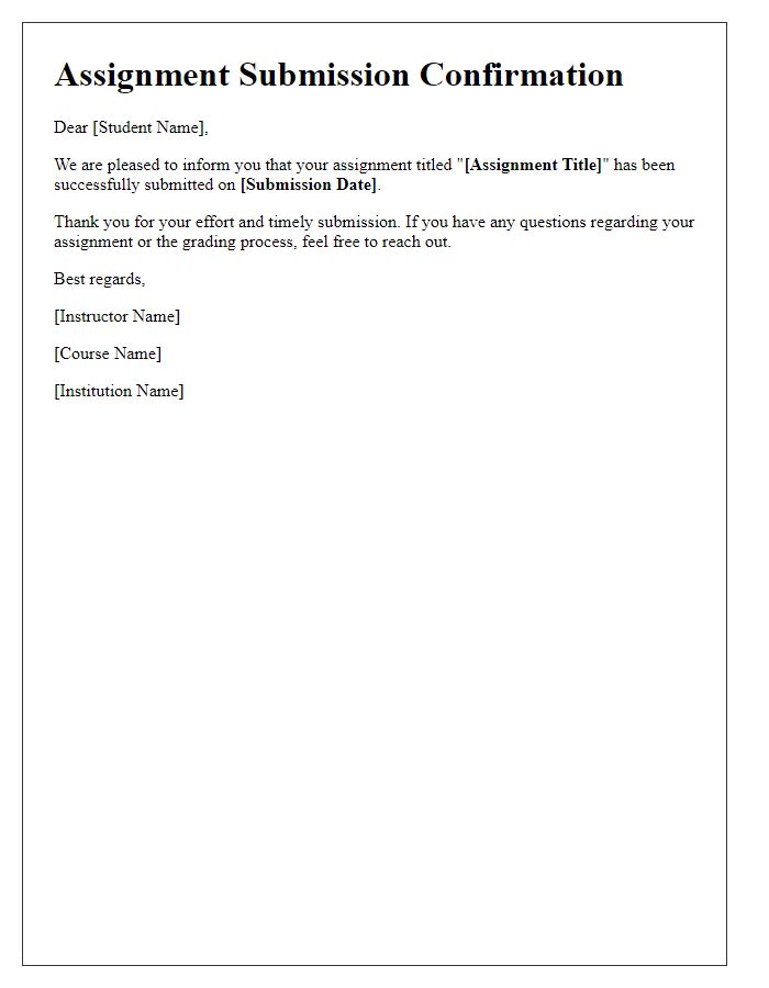 Letter template of notification for successful assignment submission