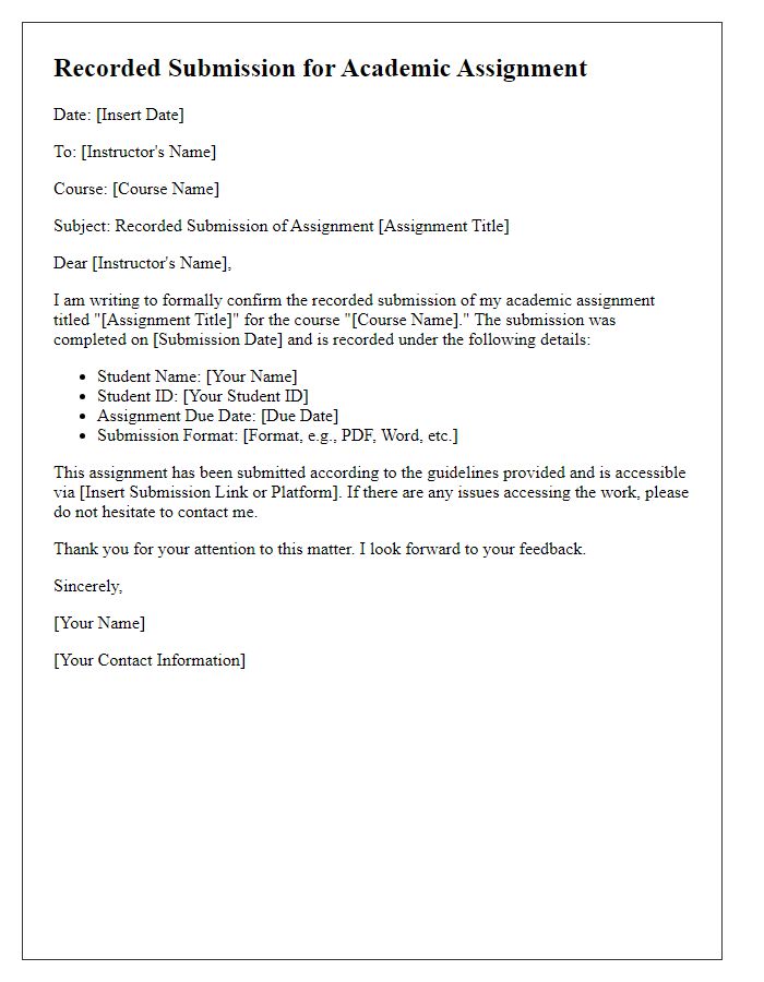 Letter template of recorded submission for academic assignments