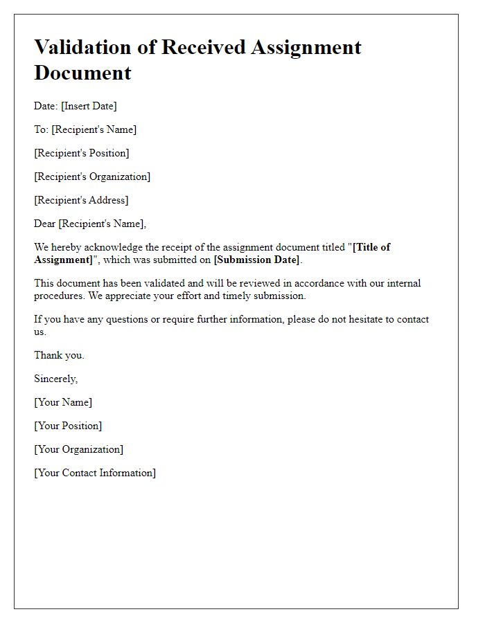 Letter template of validation for received assignment document