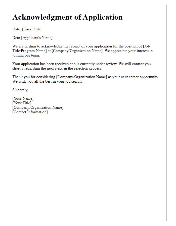 Letter template of Acknowledgment for Submitted Application