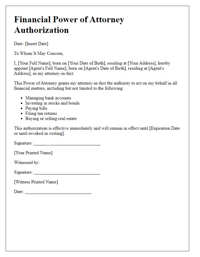 Letter template of financial power of attorney authorization