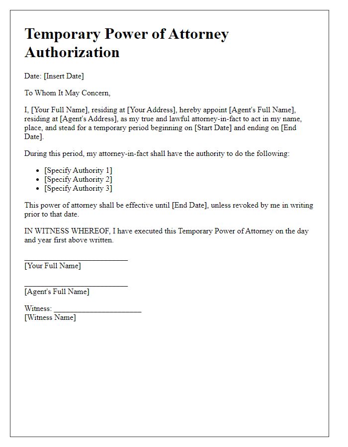 Letter template of temporary power of attorney authorization