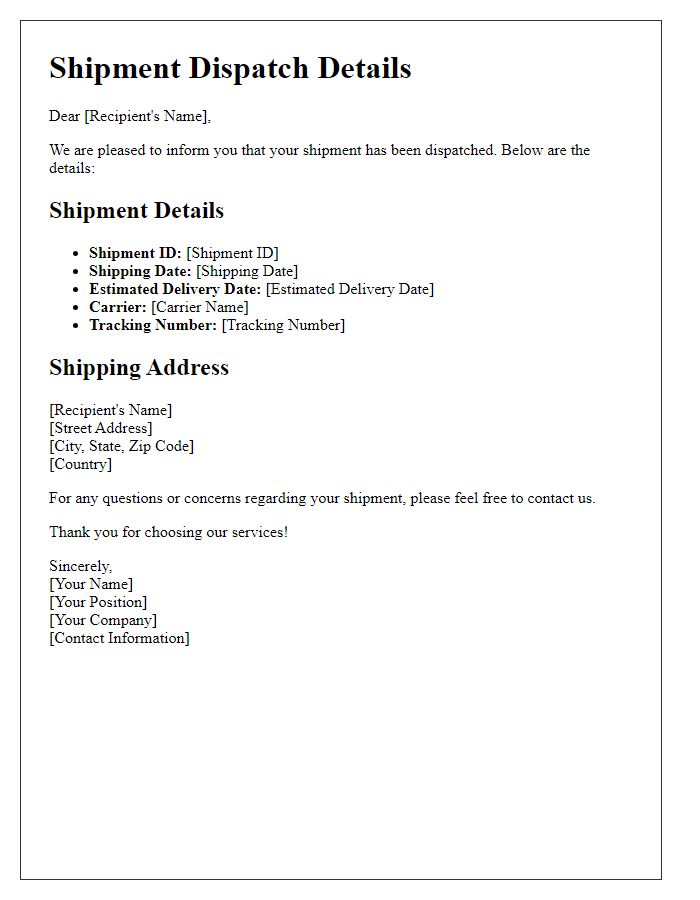 Letter template of dispatched shipment details