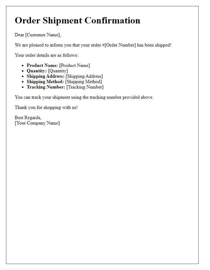 Letter template of order shipment confirmation