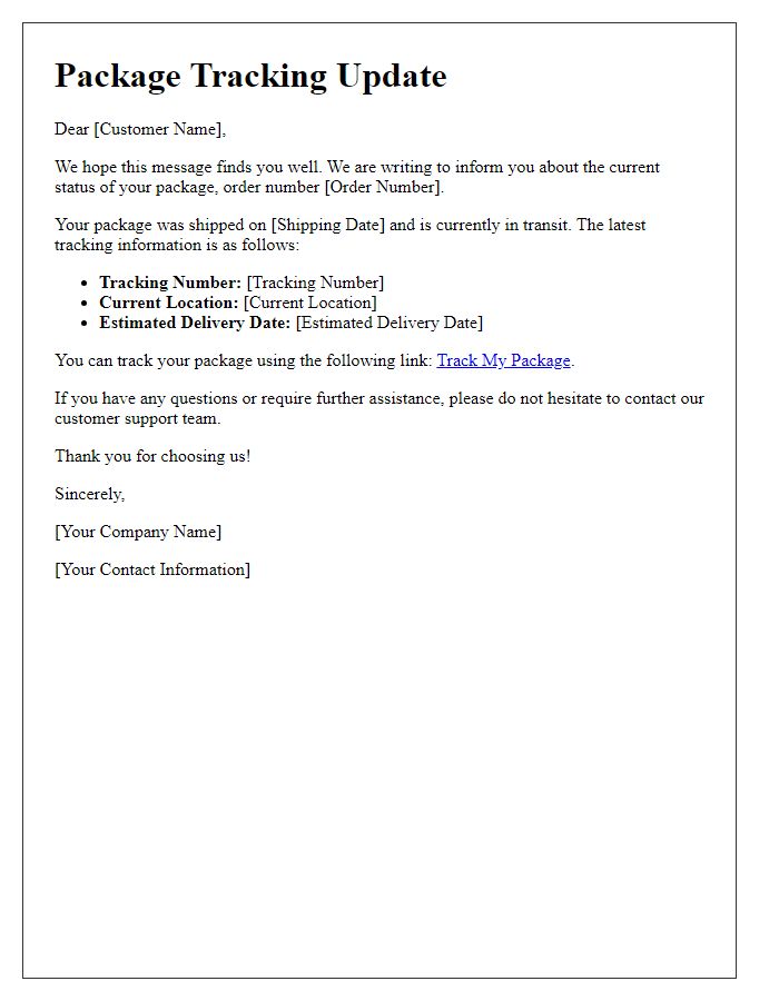 Letter template of package tracking update