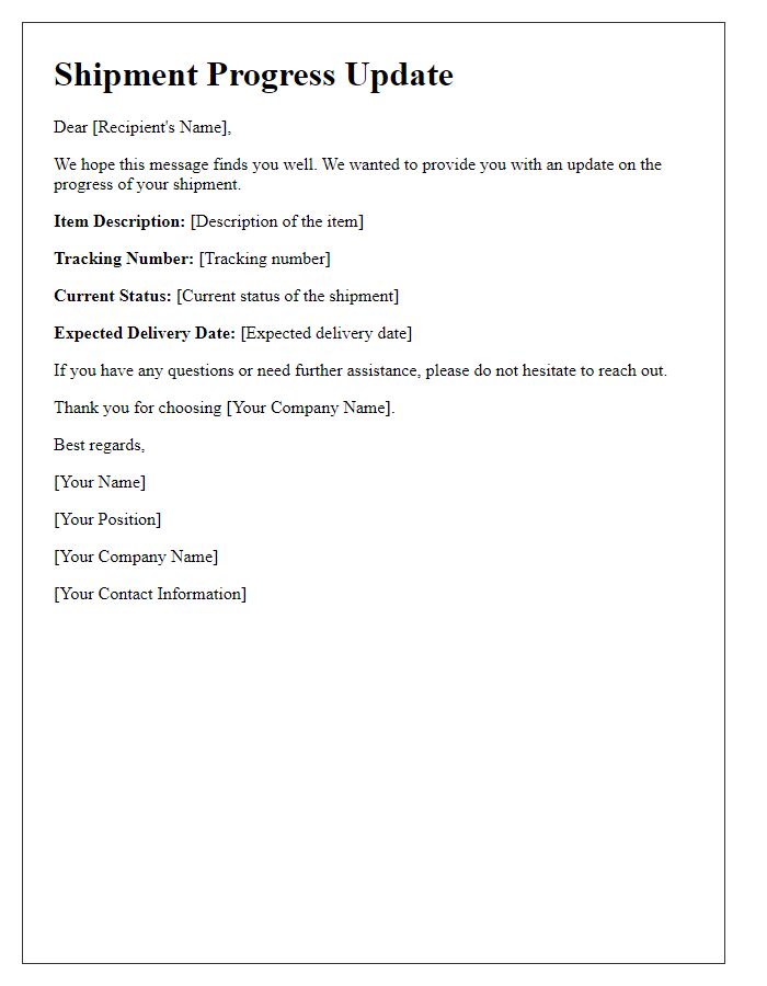 Letter template of shipment progress update