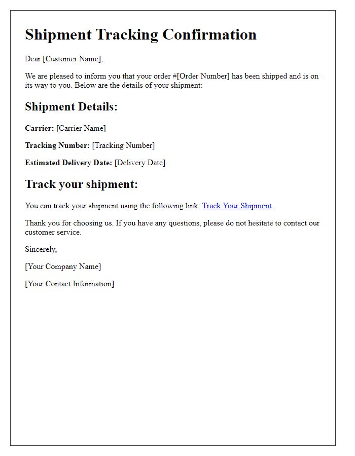 Letter template of shipment tracking confirmation