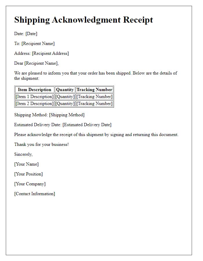 Letter template of shipping acknowledgment receipt