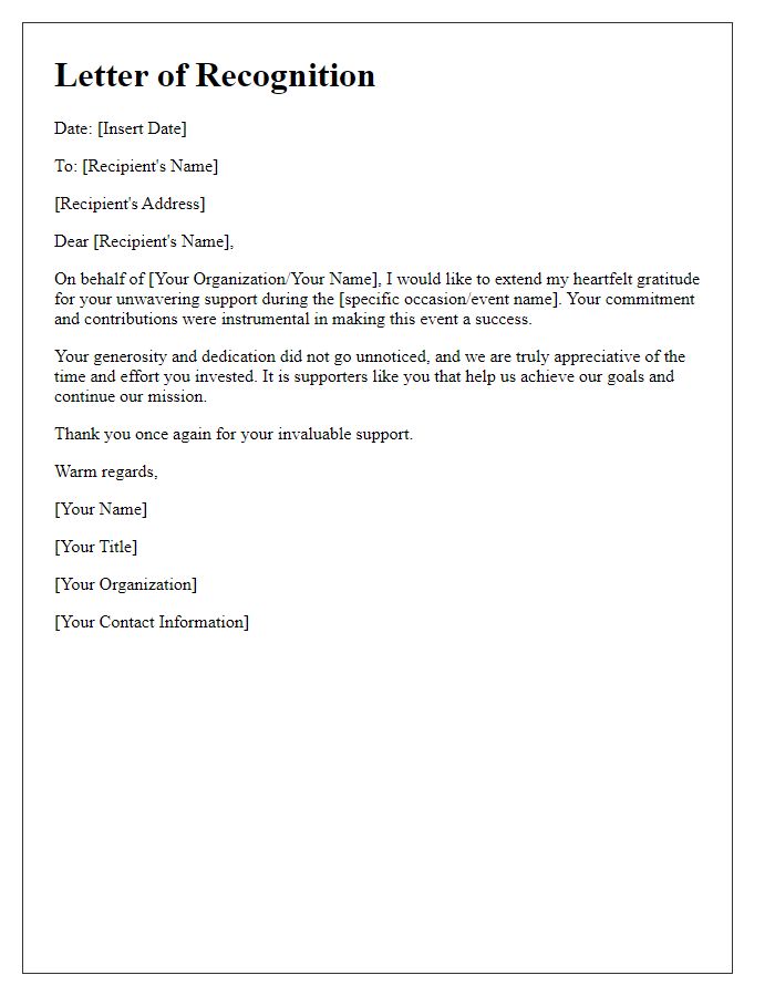 Letter template of recognition for your support at the occasion