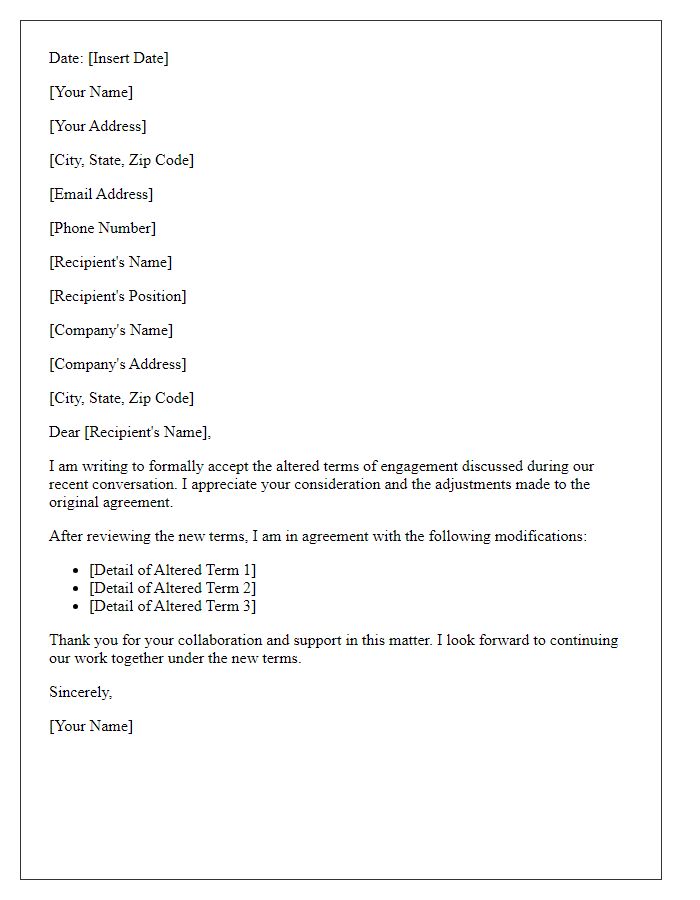 Letter template of acceptance for altered terms of engagement.