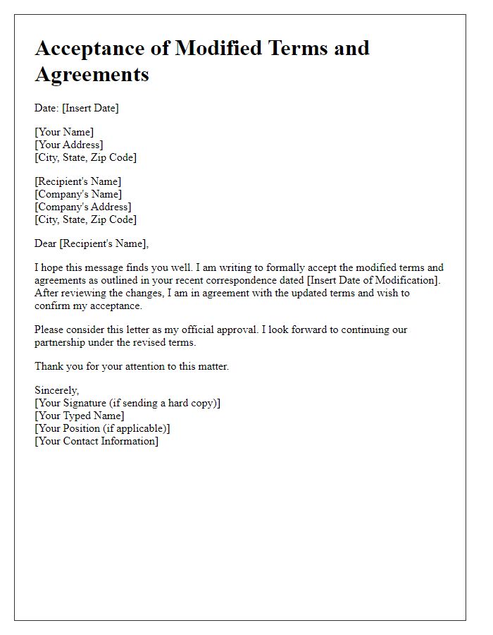 Letter template of acceptance of modified terms and agreements.