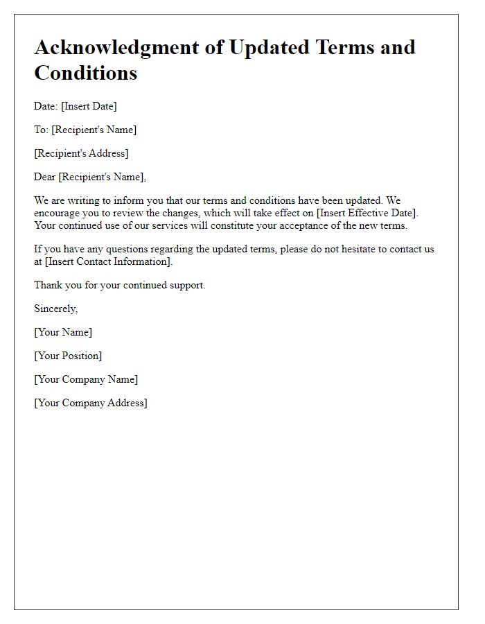 Letter template of acknowledgment for updated terms and conditions.