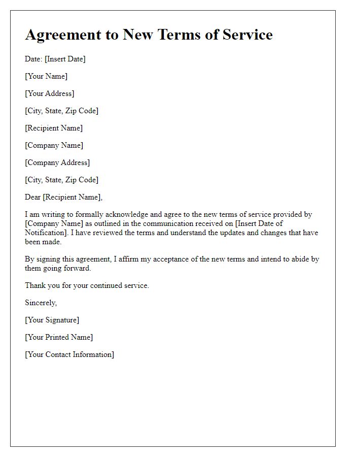 Letter template of agreement to new terms of service.