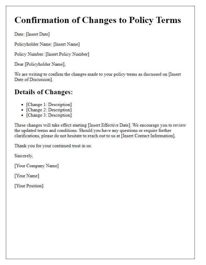 Letter template of confirmation for changes in policy terms.