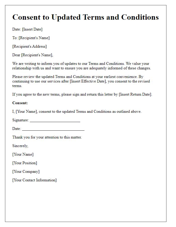 Letter template of consent to refreshed terms and conditions.