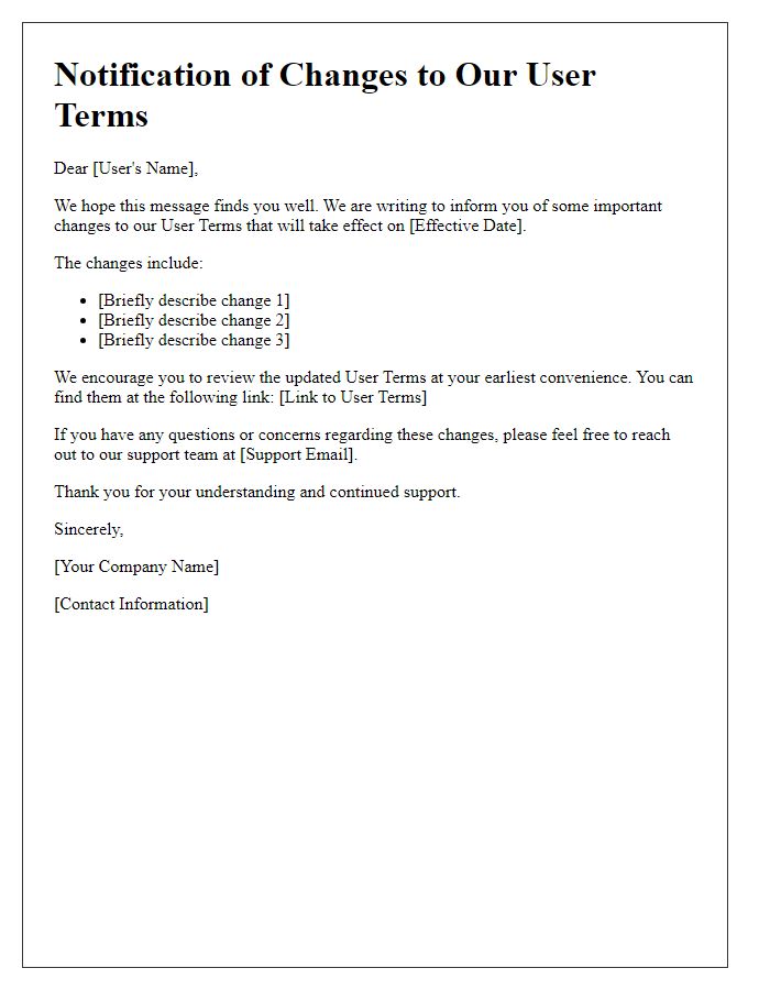 Letter template of notification for changes in user terms.