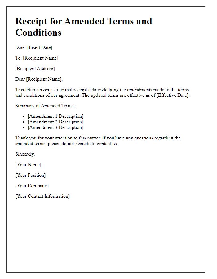 Letter template of receipt for amended terms and conditions.