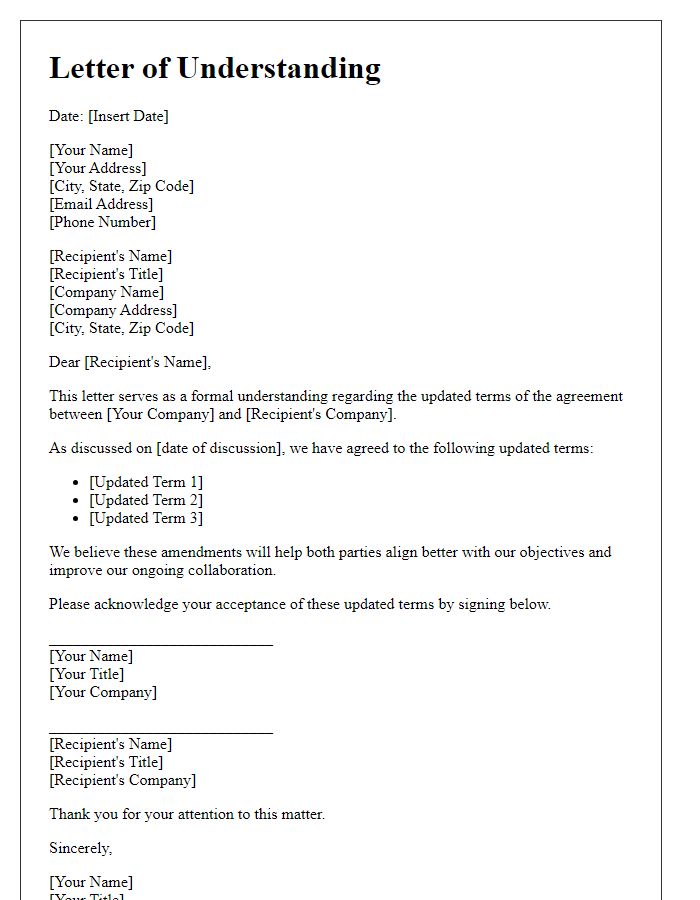 Letter template of understanding regarding updated agreement terms.