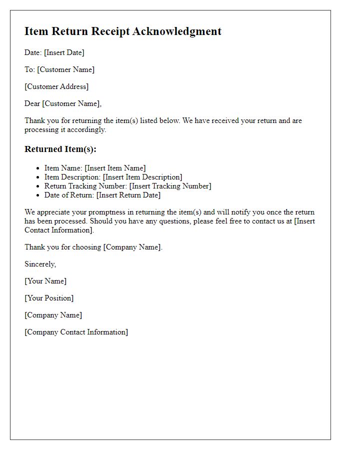 Letter template of item return receipt acknowledgment.