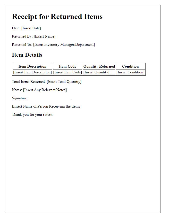 Letter template of receipt for items returned to inventory.