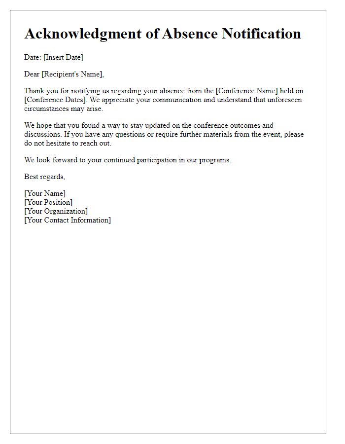 Letter template of acknowledgment for absence notification following a conference attendance.