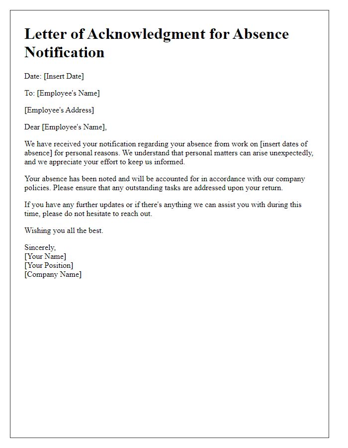 Letter template of acknowledgment for absence notification for personal reasons.