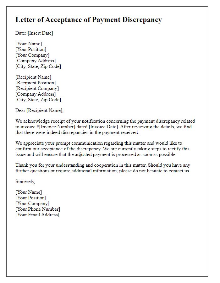 Letter template of acceptance of payment discrepancy