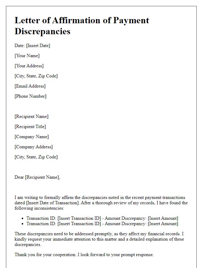 Letter template of affirmation of payment discrepancies