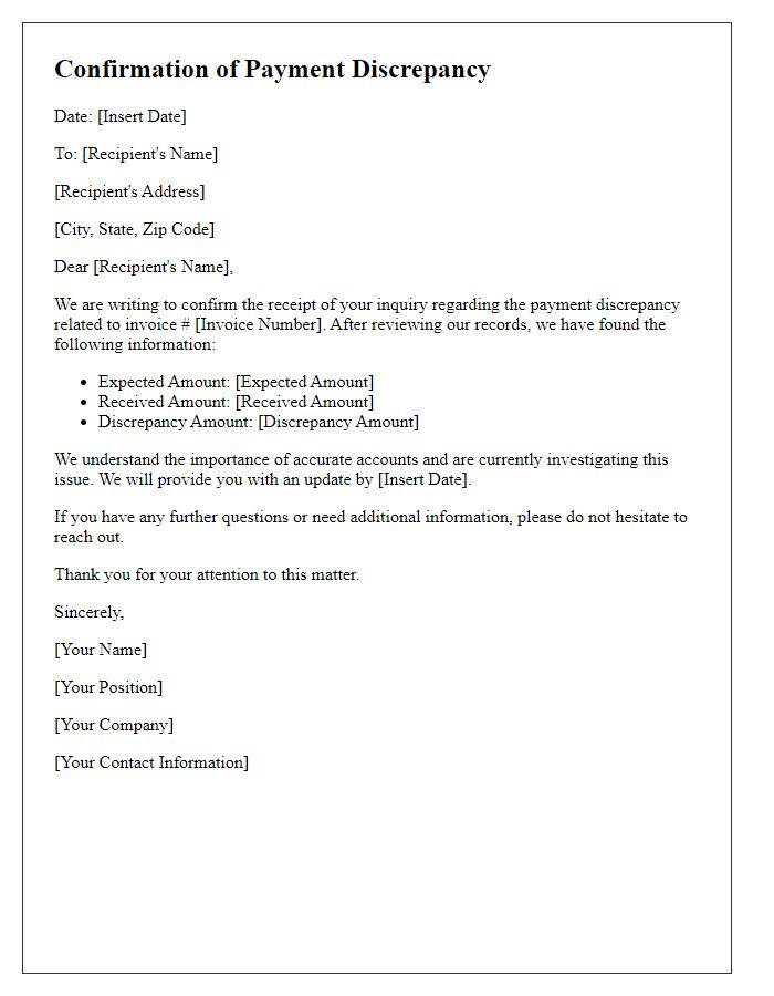 Letter template of confirmation regarding payment discrepancy