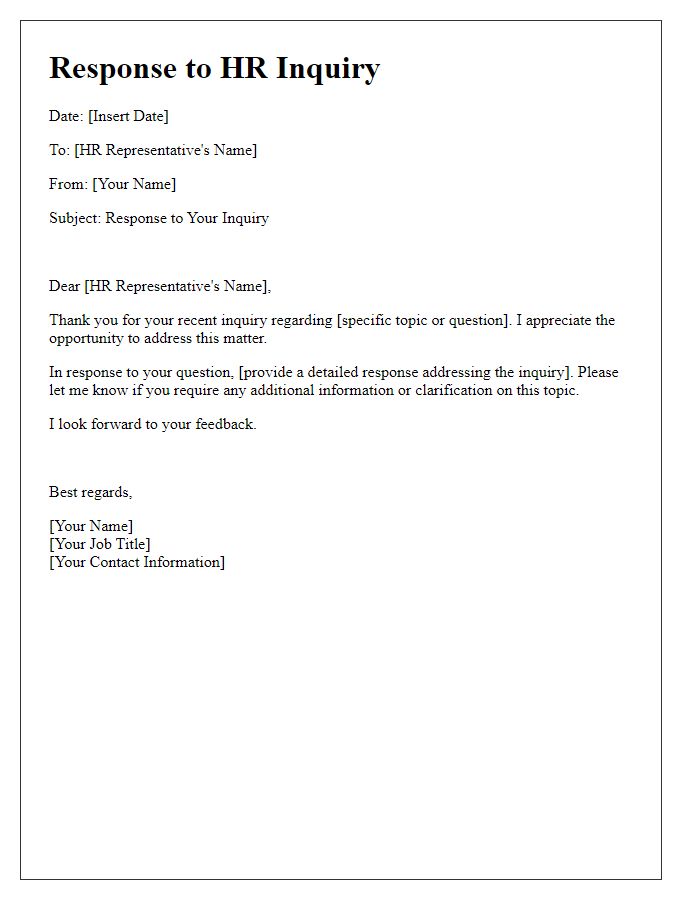 Letter template of response to human resources question.