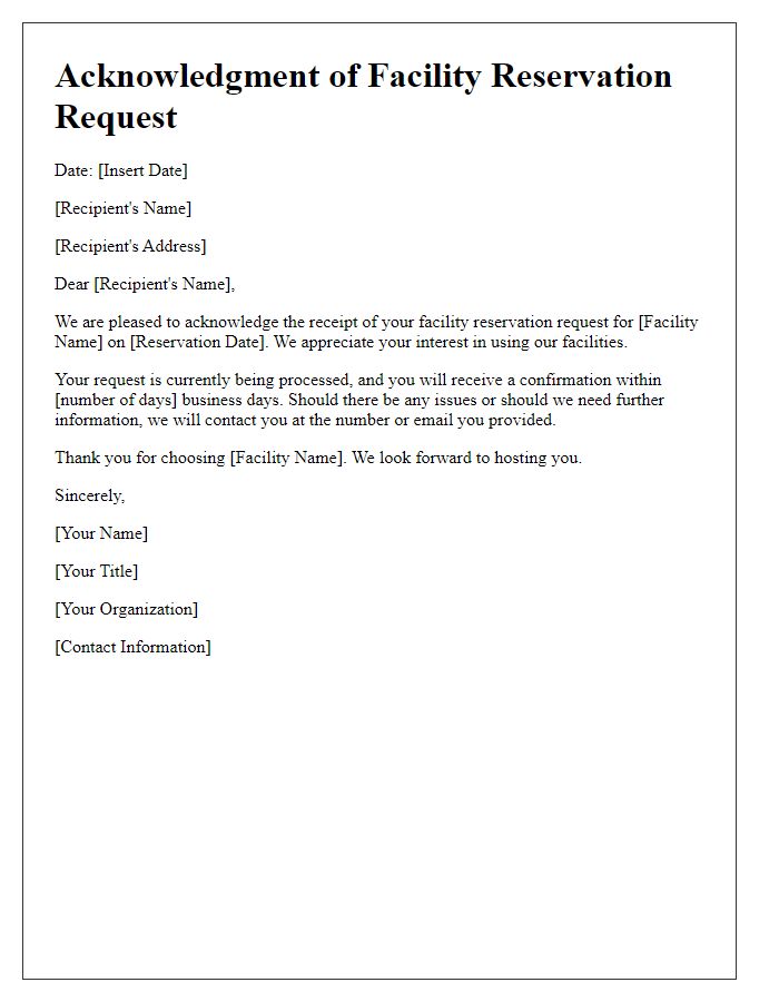 Letter template of acknowledgment for facility reservation request