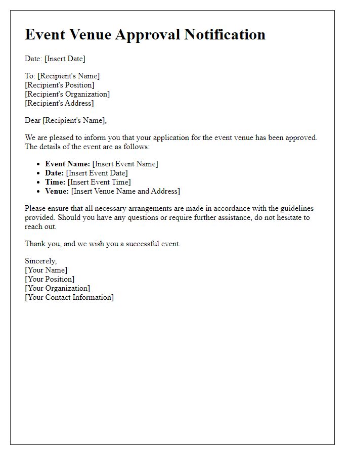 Letter template of notification for event venue approval