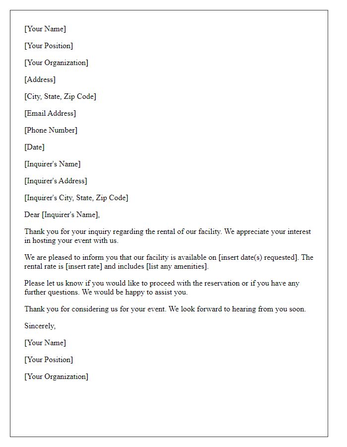 Letter template of response for facility rental inquiry