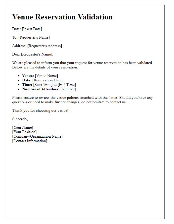 Letter template of validation for venue reservation request
