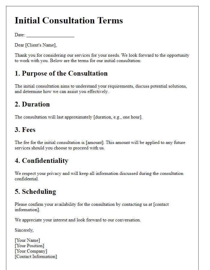 Letter template of Initial Consultation Terms for Prospective Clients