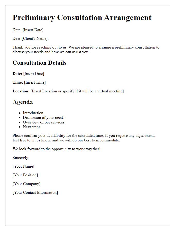 Letter template of Preliminary Consultation Arrangement for Clients