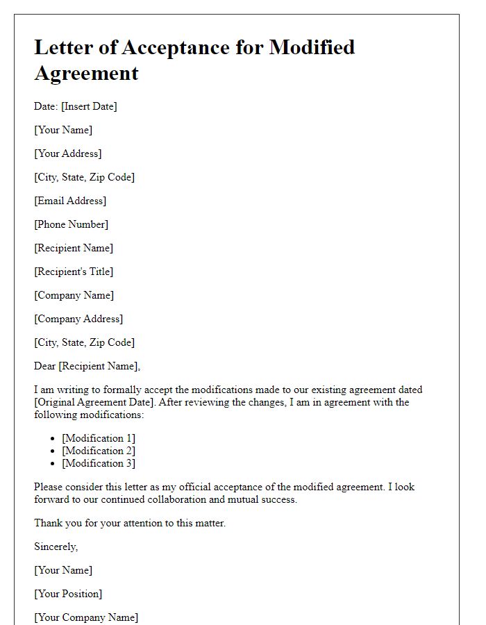 Letter template of Acceptance for Modified Agreement