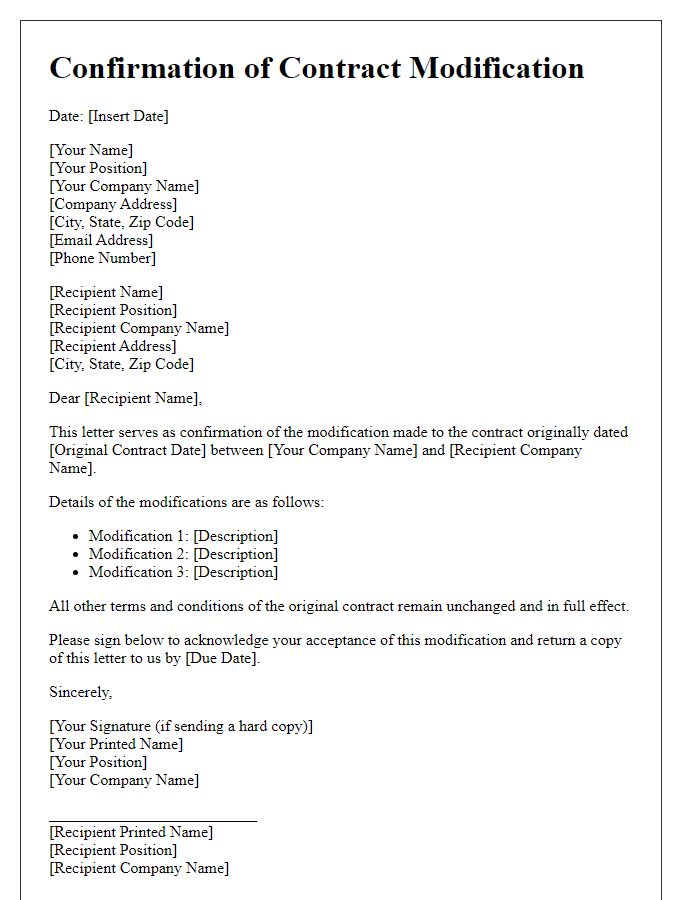 Letter template of Confirmation for Contract Modification