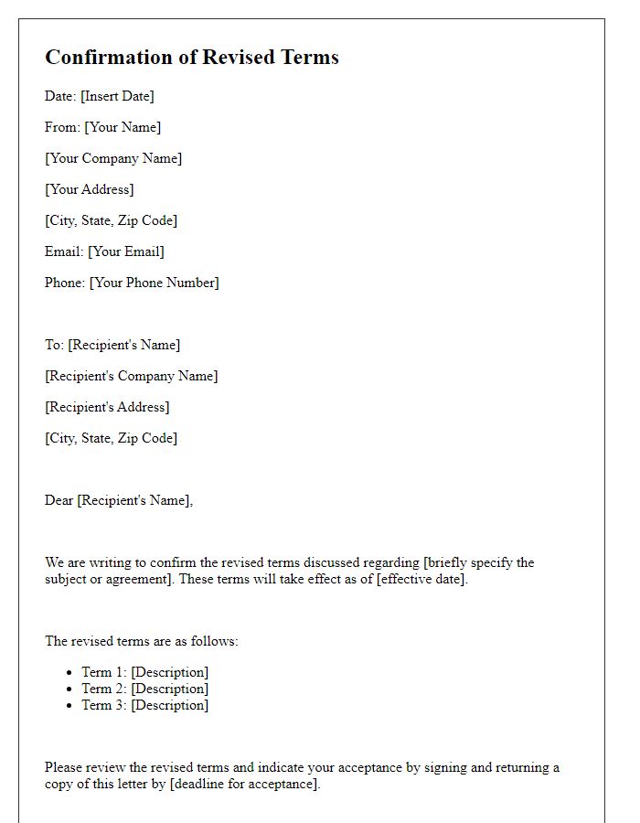 Letter template of Confirmation of Revised Terms