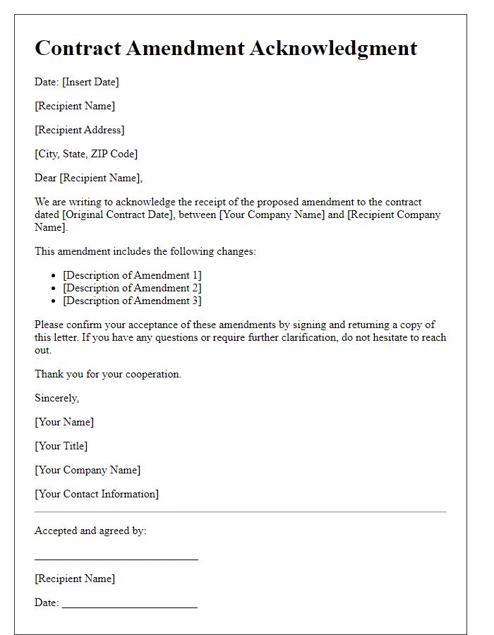 Letter template of Contract Amendment Acknowledgment