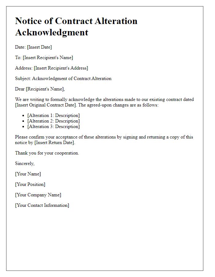 Letter template of Notice for Contract Alteration Acknowledgment