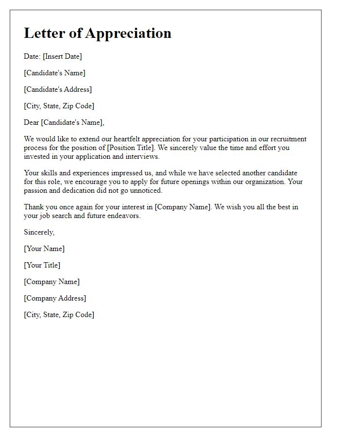 Letter template of appreciation for candidate participation in recruitment.