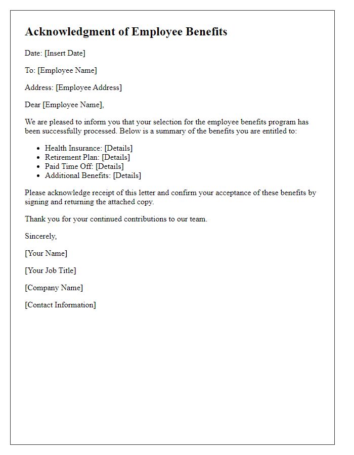 Letter template of Acknowledgment for Selected Employee Benefits