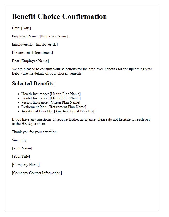 Letter template of Benefit Choice Confirmation