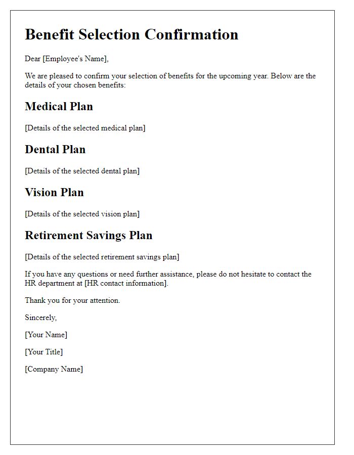 Letter template of Benefit Selection Confirmation