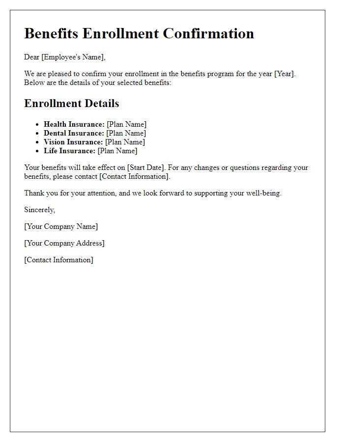 Letter template of Benefits Enrollment Confirmation